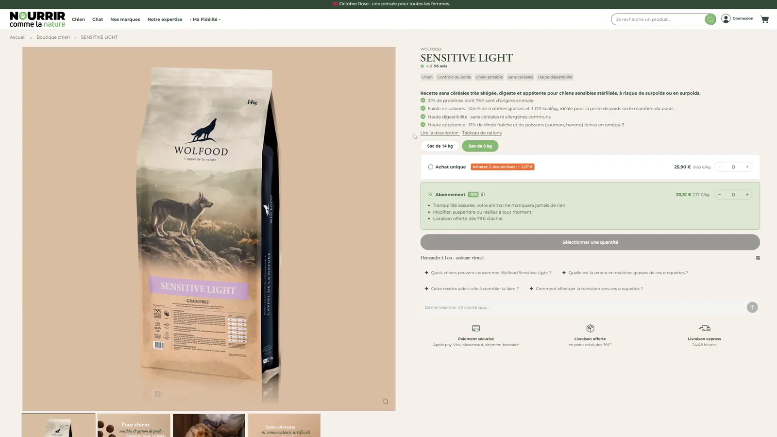Fiche produit : abonnement, fréquence de livraison, puis le panier