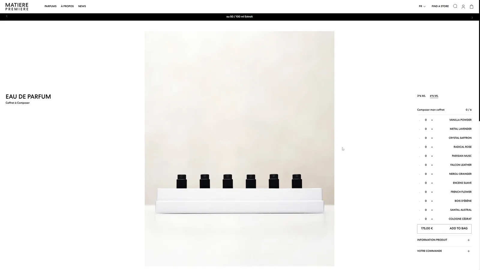 Coffret à composer : 6×6 ml, puis 3×6 ml, rempli et ajouté au panier
