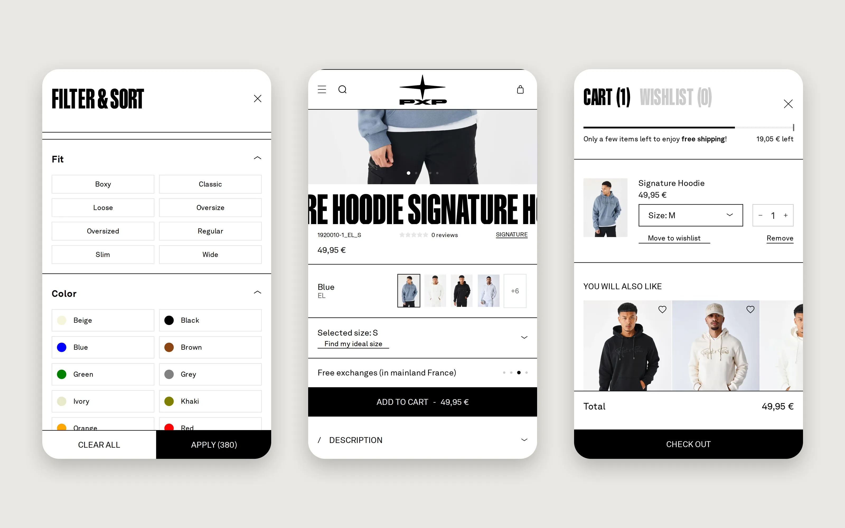 3 mobile screens: filters, product page and cart drawer