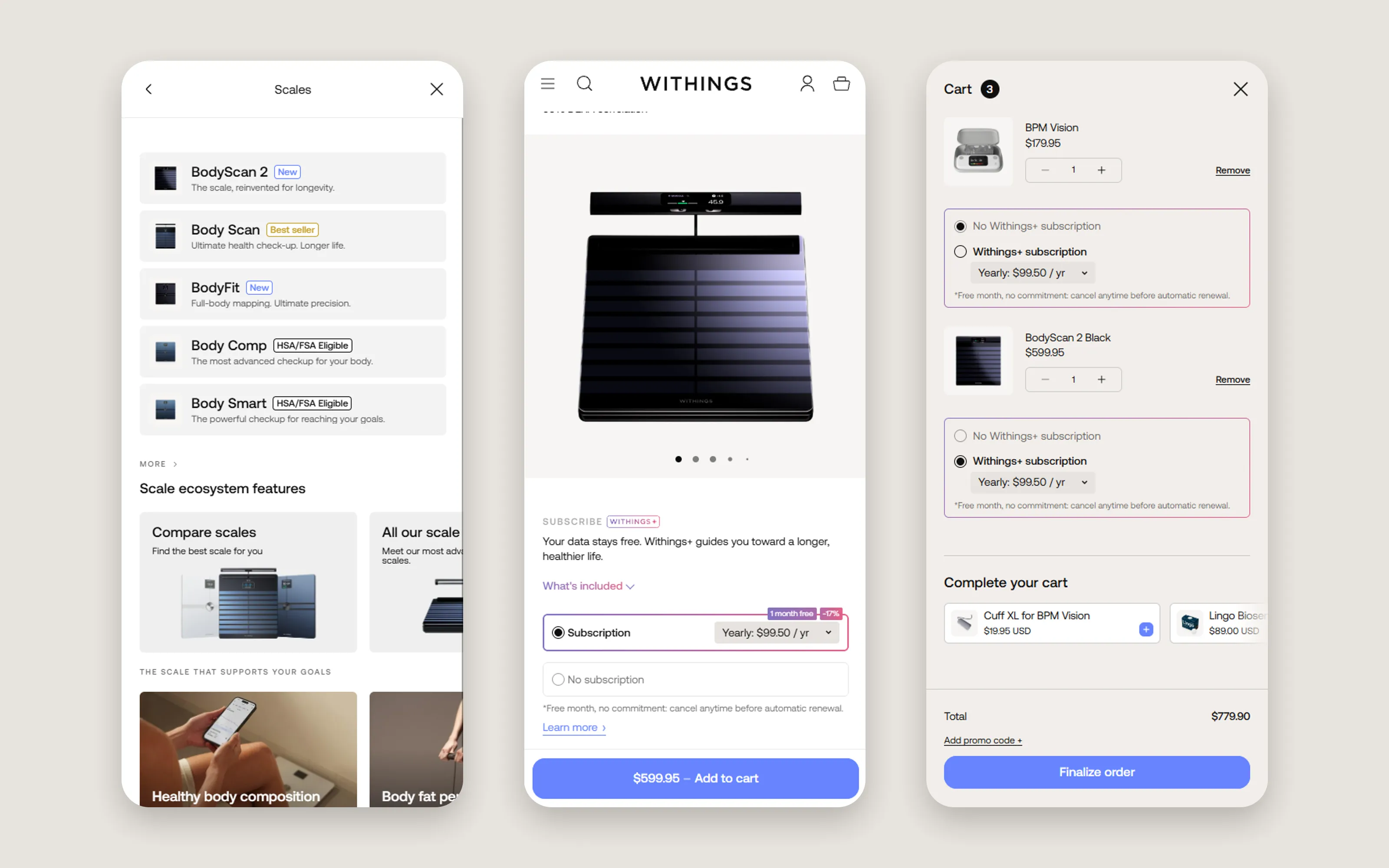 3 écrans mobiles : mega menu, fiche produit et panier