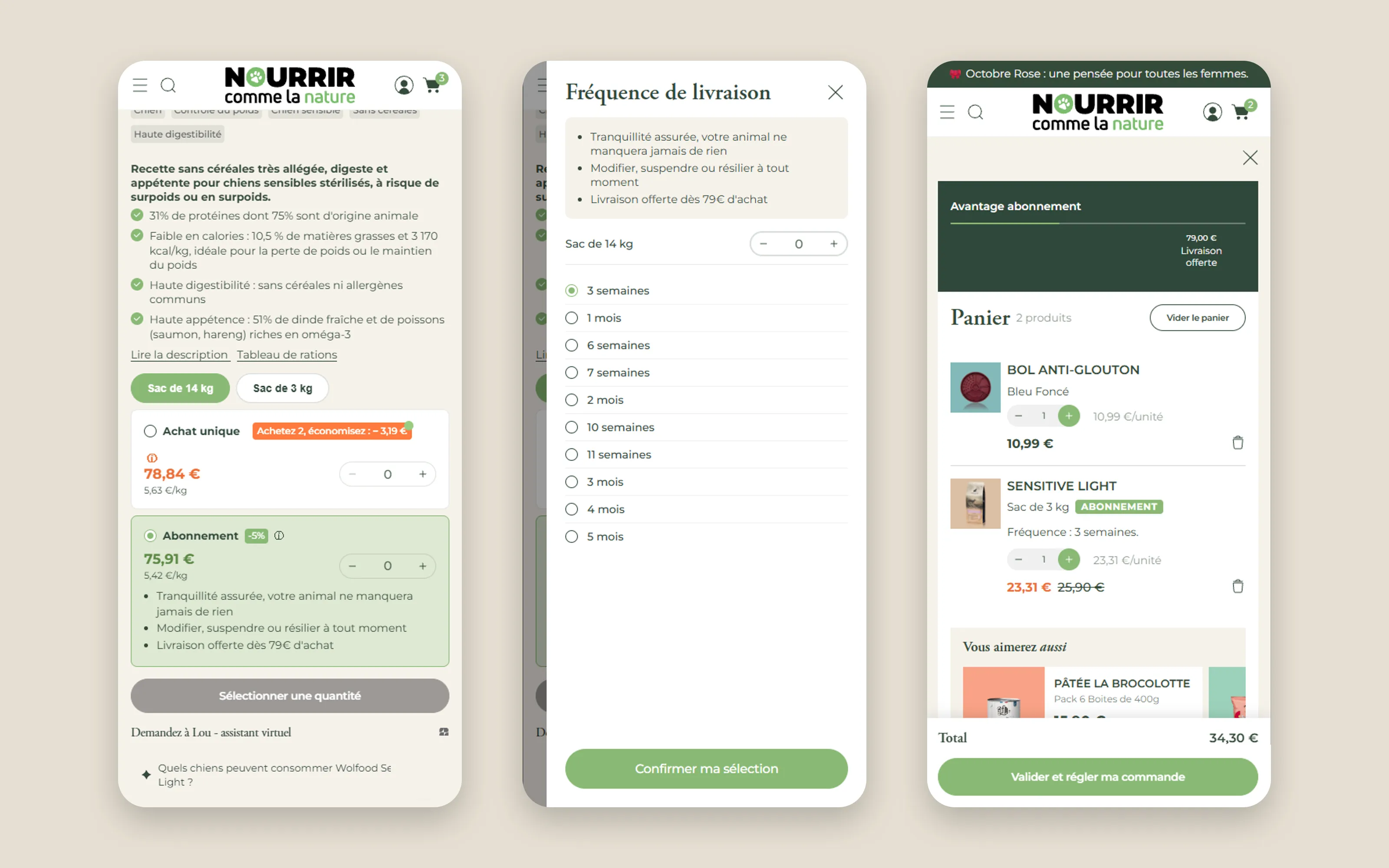 3 mobile screens: product page, frequency drawer and cart