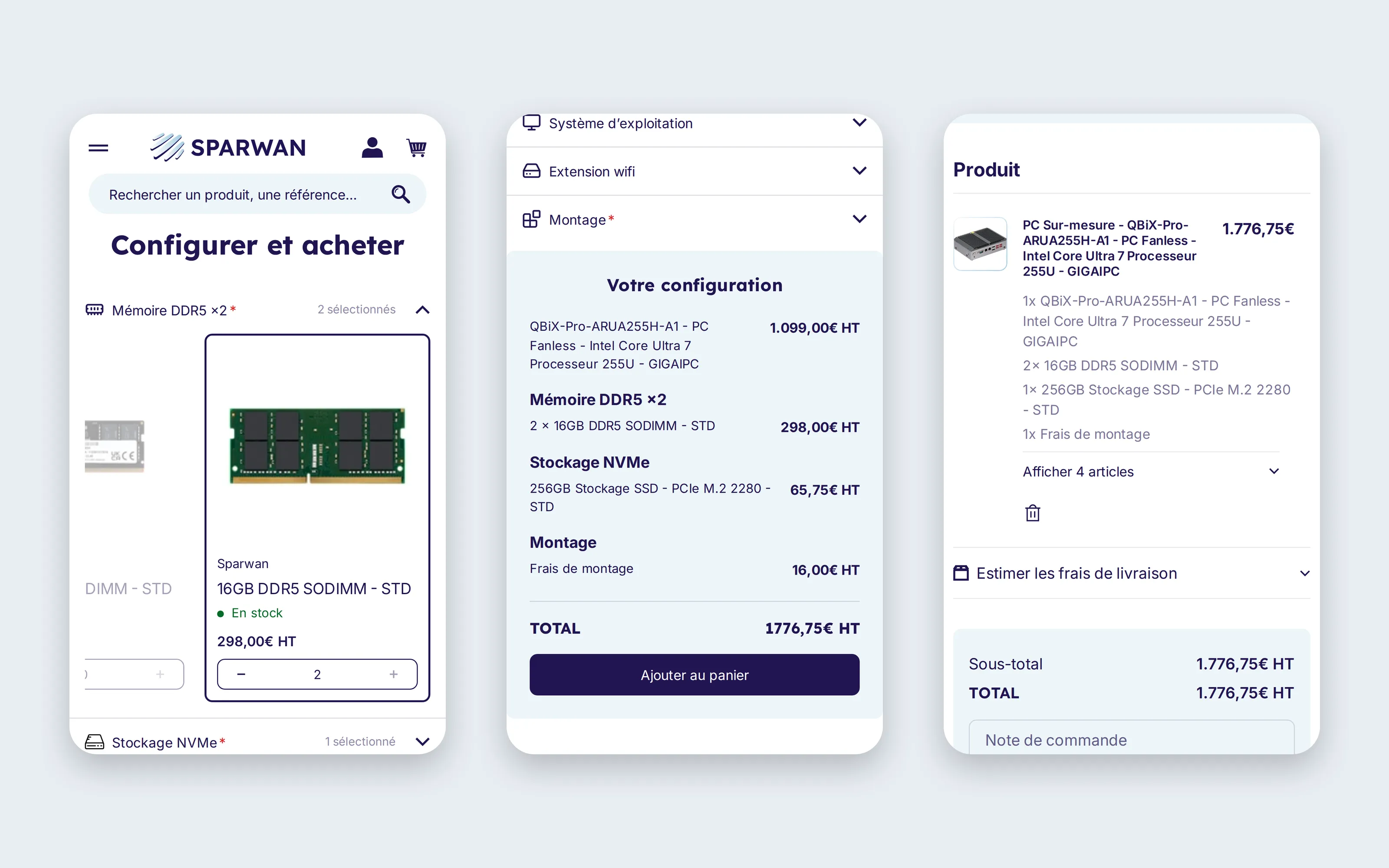 3 écrans mobiles : slots mémoire pleins, récapitulatif et panier
