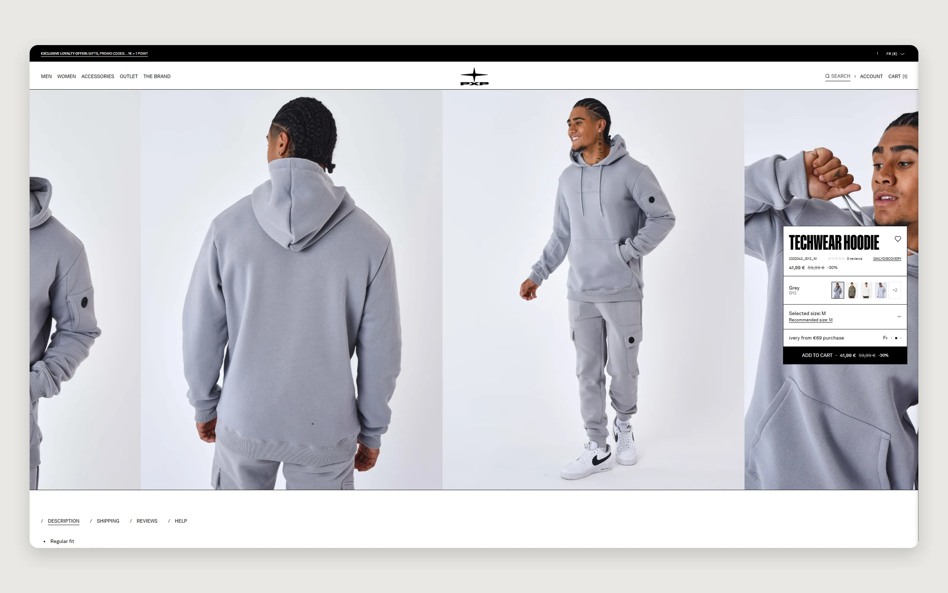 Product page: a floating panel over a full-width gallery