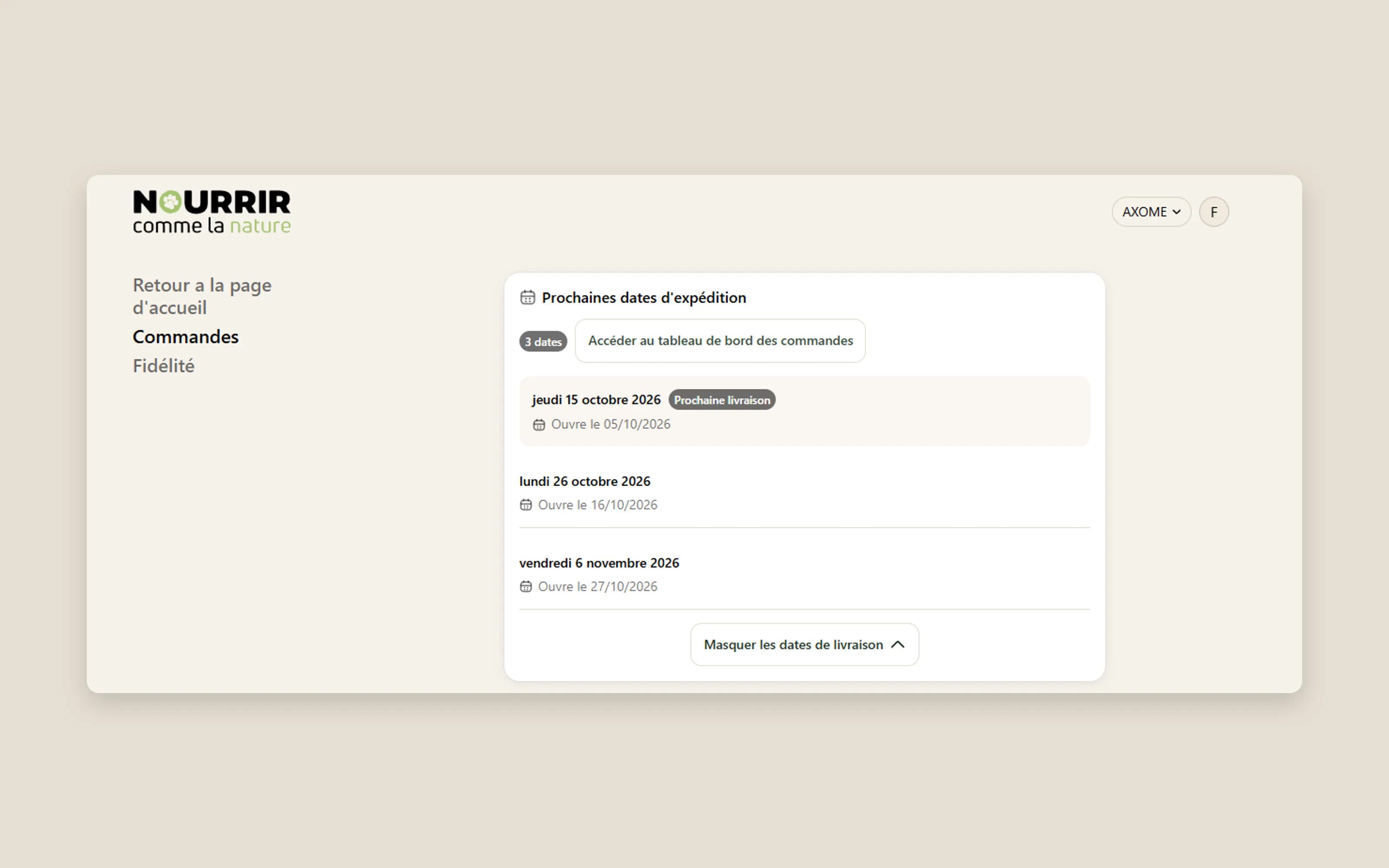 Club representative's customer account: shipping dates and orders